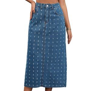 Women's Denim Midi Skirt Swiss Dots Back Slit Jean Column Skirt Blue